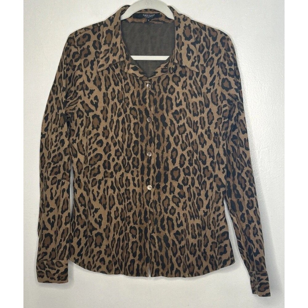 KAREN KANE Leopard Top Large Button Up Flannel Long Sleeve Brown Black Cozy - Picture 1 of 3